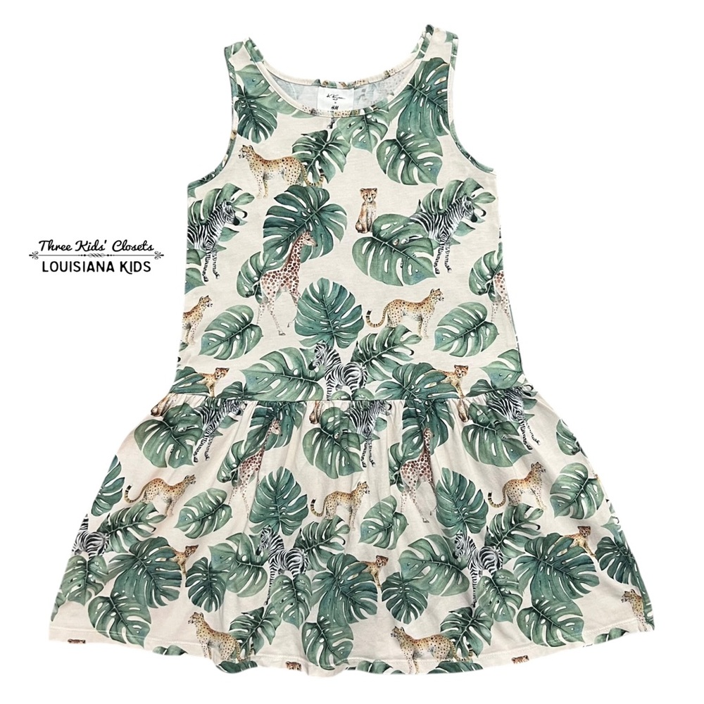 H&M + Karolina Kijak 6-8Y Cream & Green Jungle Animals Print Dress